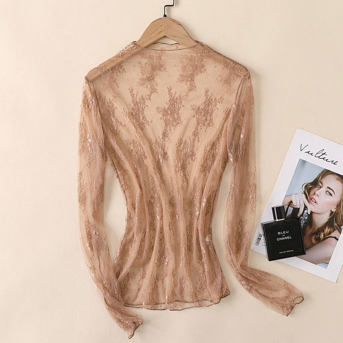 Mesh Blouse - Long Sleeve Lace Top for Women_CWTBLL3619: COFFEE