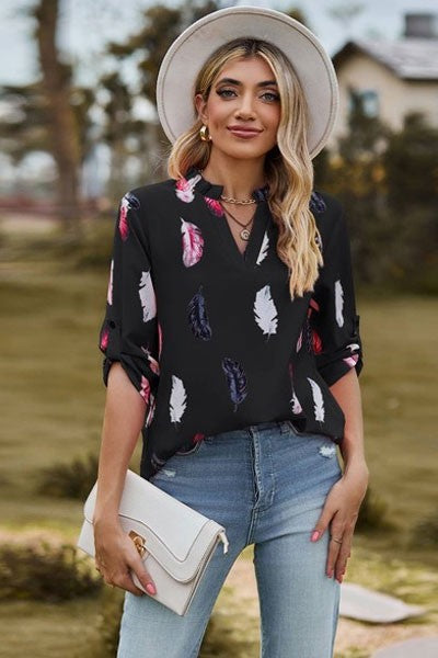Women's Feathered Print Long Sleeve Blouse