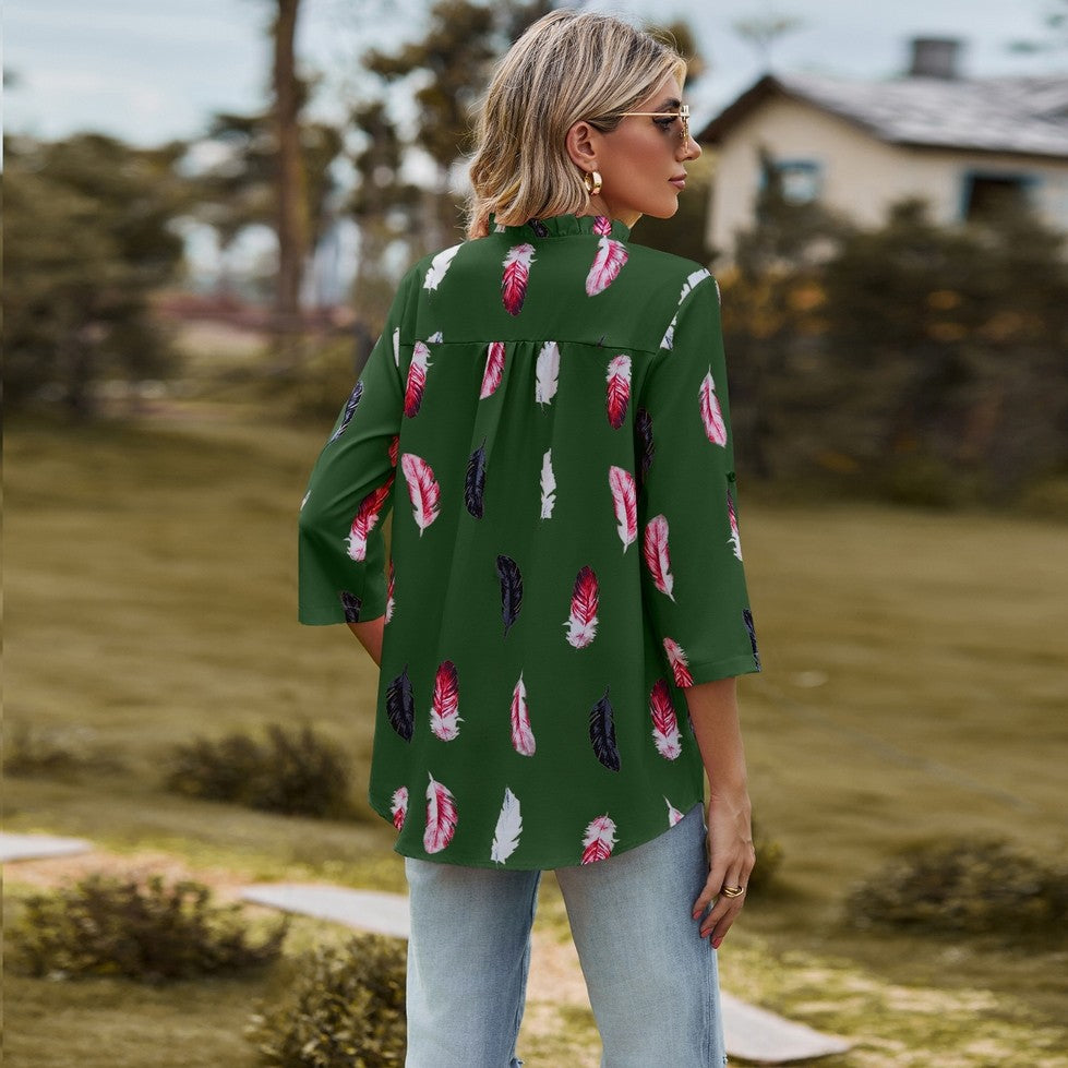 Women's Feathered Print Long Sleeve Blouse