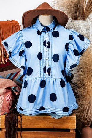 Polka Dot Print Ruffled Buttoned Collared Blouse