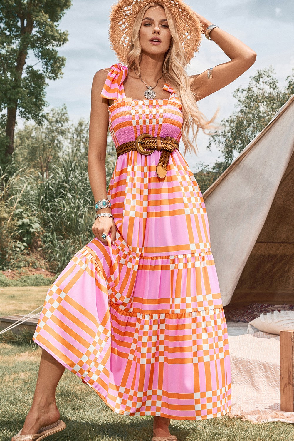 Boho Gingham Tied Straps Smocked Maxi Dress