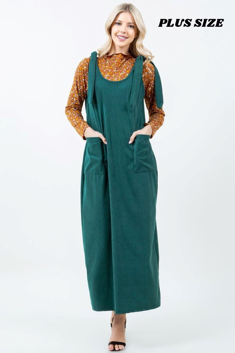 HUNTER GREEN CURDUROY PLUS SIZE JUMPER MAXI DRESS