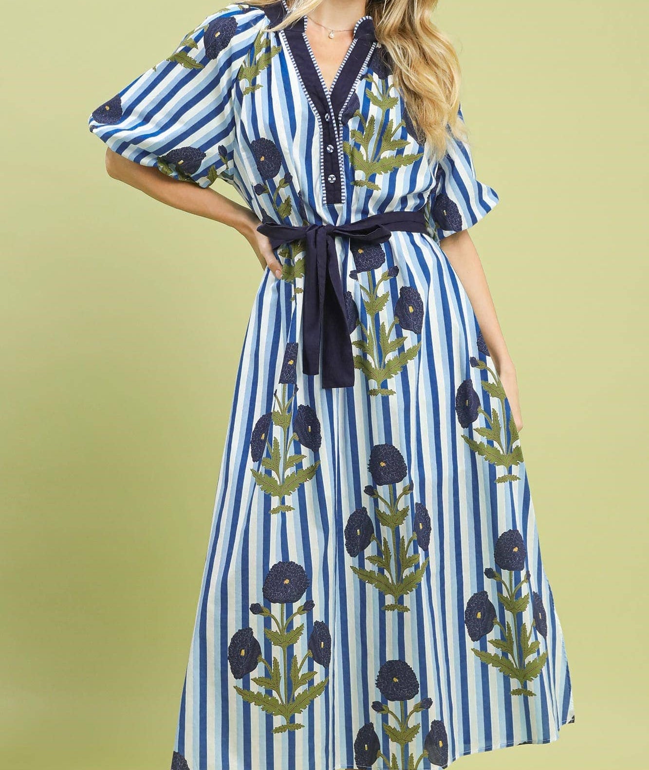 Striped Floral Maxi Dress With Waist Tie