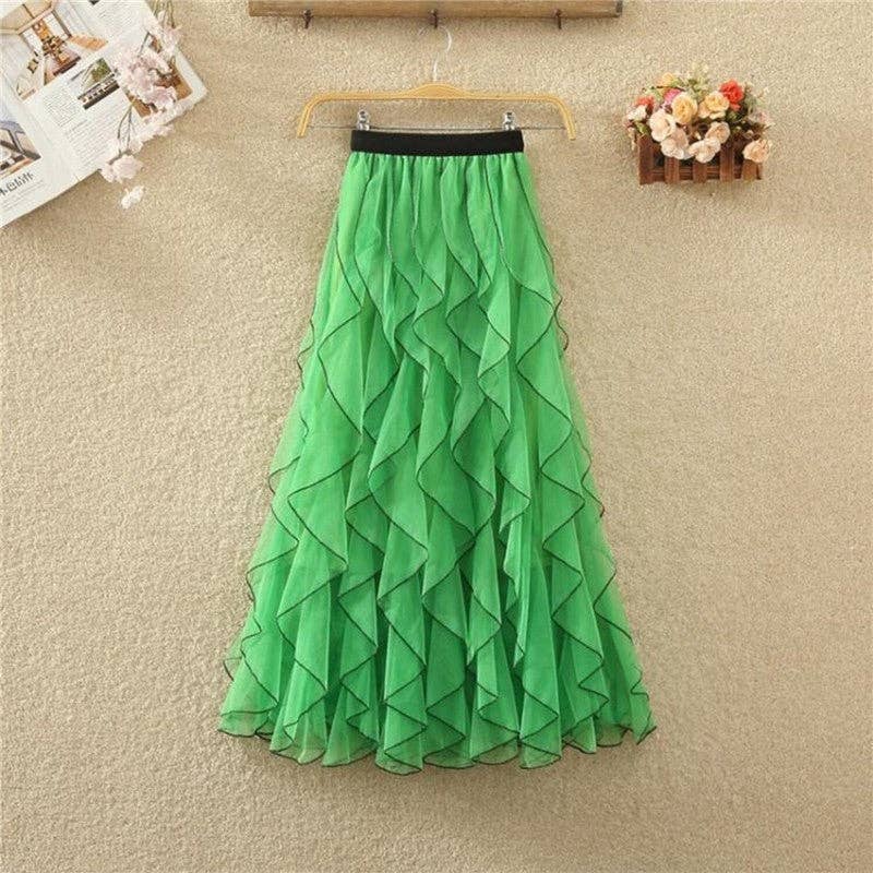 Fashionable Medium-Length Wavy Mesh Tulle Skirt: GREEN / One_size