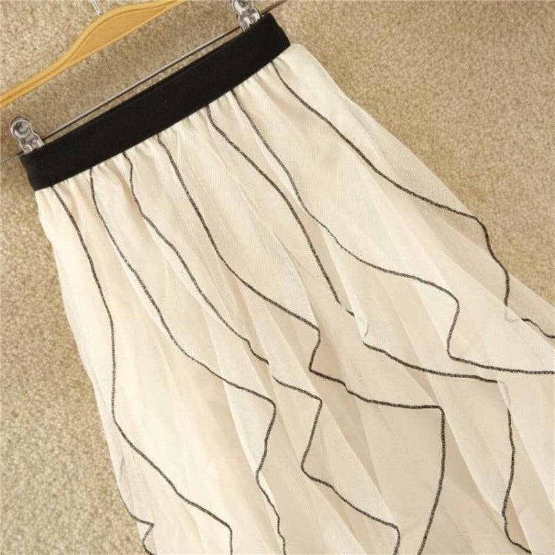 Fashionable Medium-Length Wavy Mesh Tulle Skirt: Apricot / One_size
