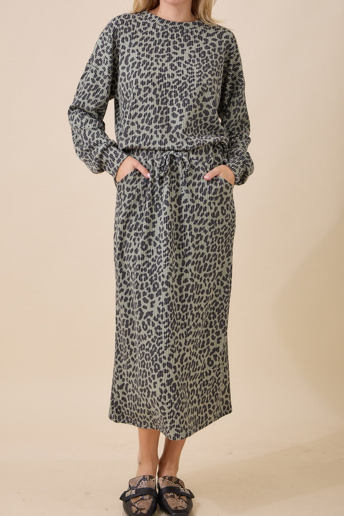 Animal Print Rib Knit Skirt with Pockets - Part of a Set