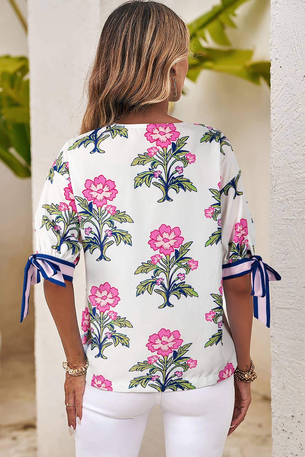 LDC Floral Colorblock Stripe Knot Bubble Sleeve Blouse: White / XL
