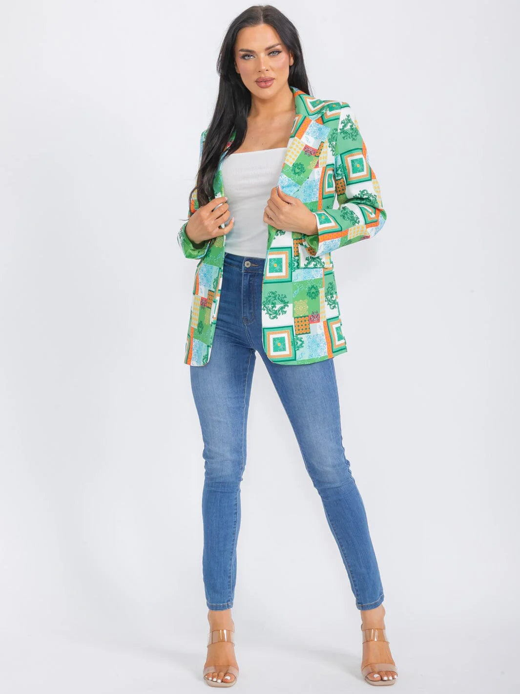 WOMEN'S LONG SLEEVE BUTTON CLOSURE MULTI PRINT BLAZER