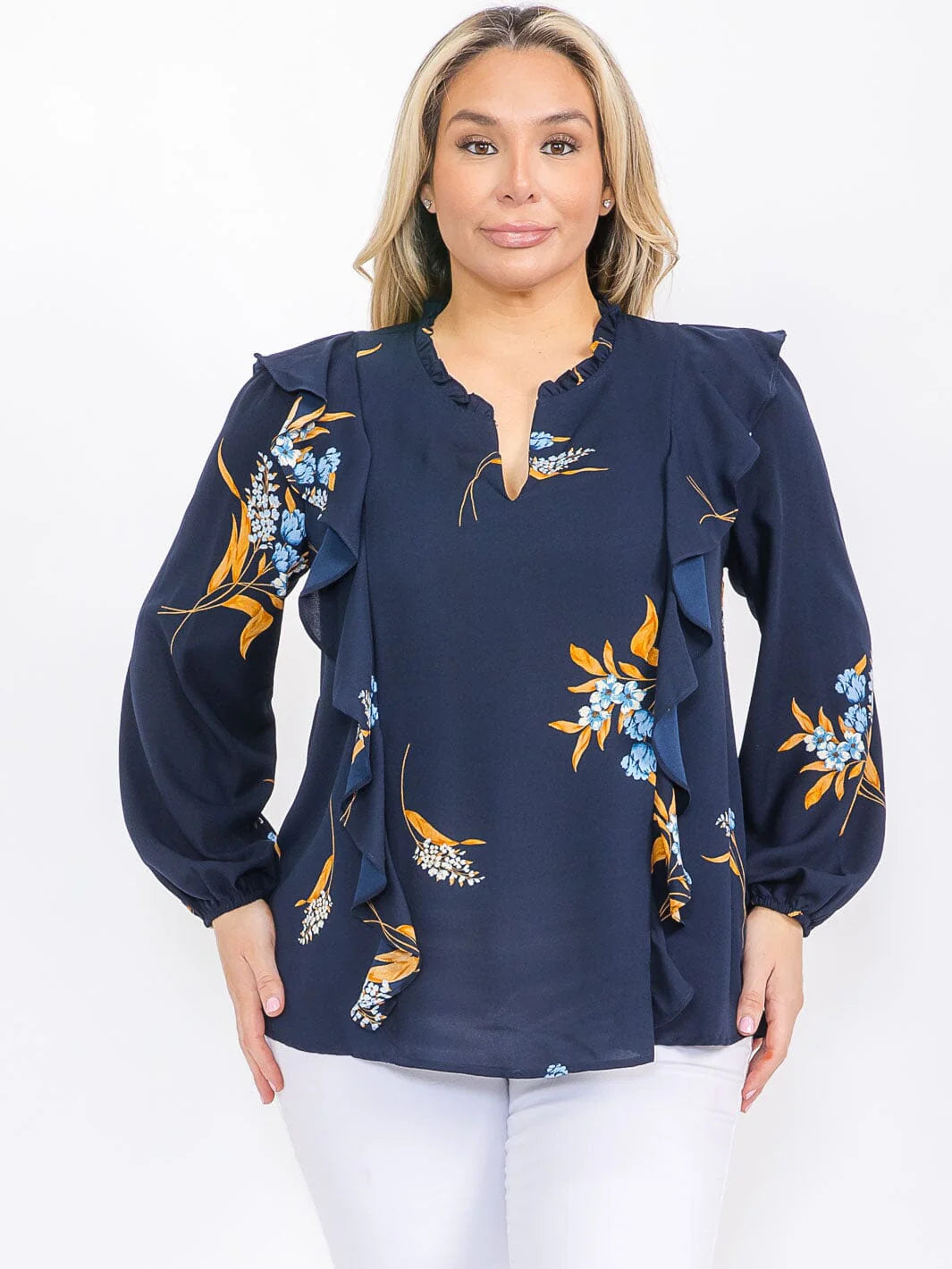 PLUS SIZE LONG SLEEVE RUFFLE V-NECK FLORAL BLOUSE