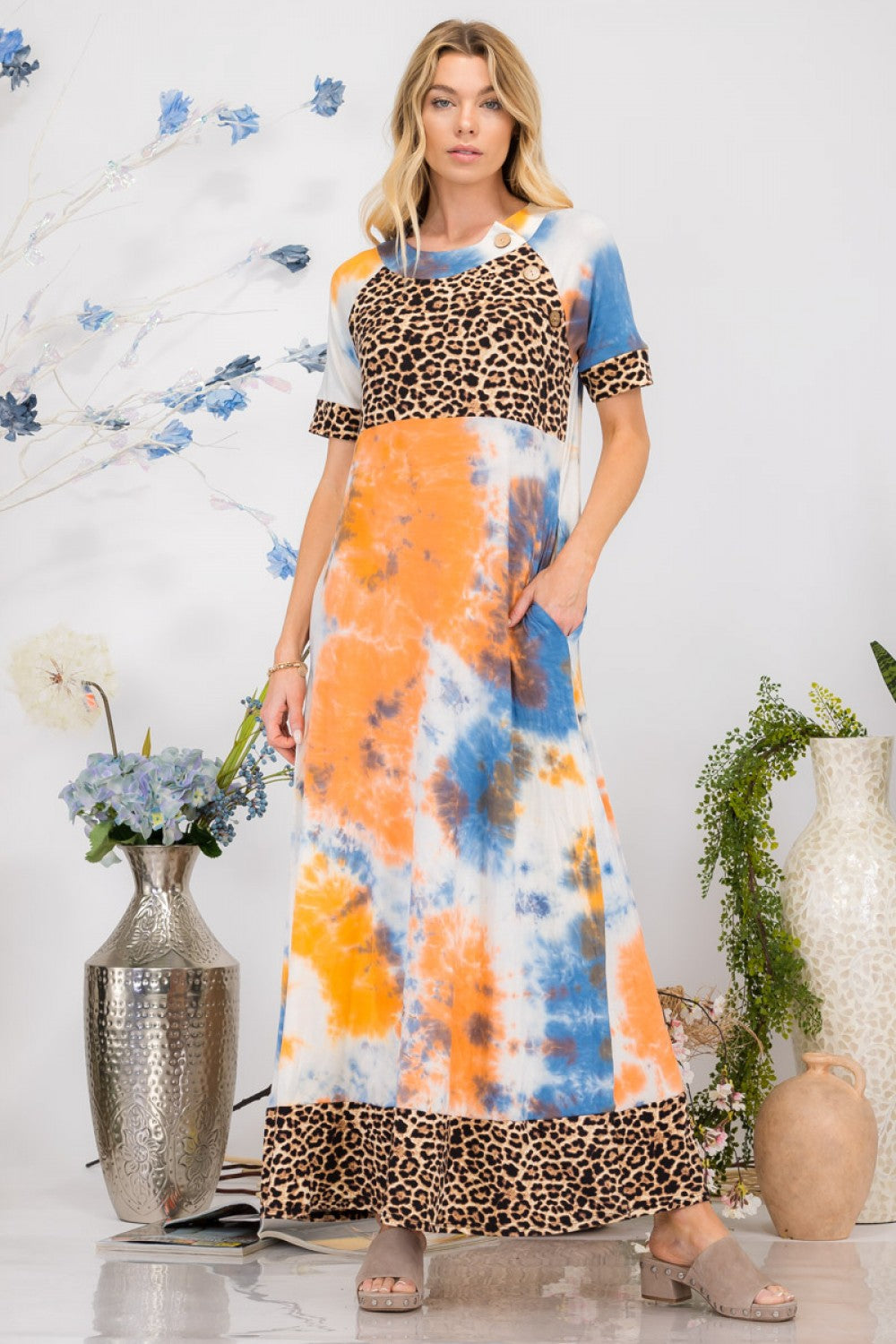 Plus Size Tie Dye Maxi Dress W/ Leopard Contrast, 3 Buttons