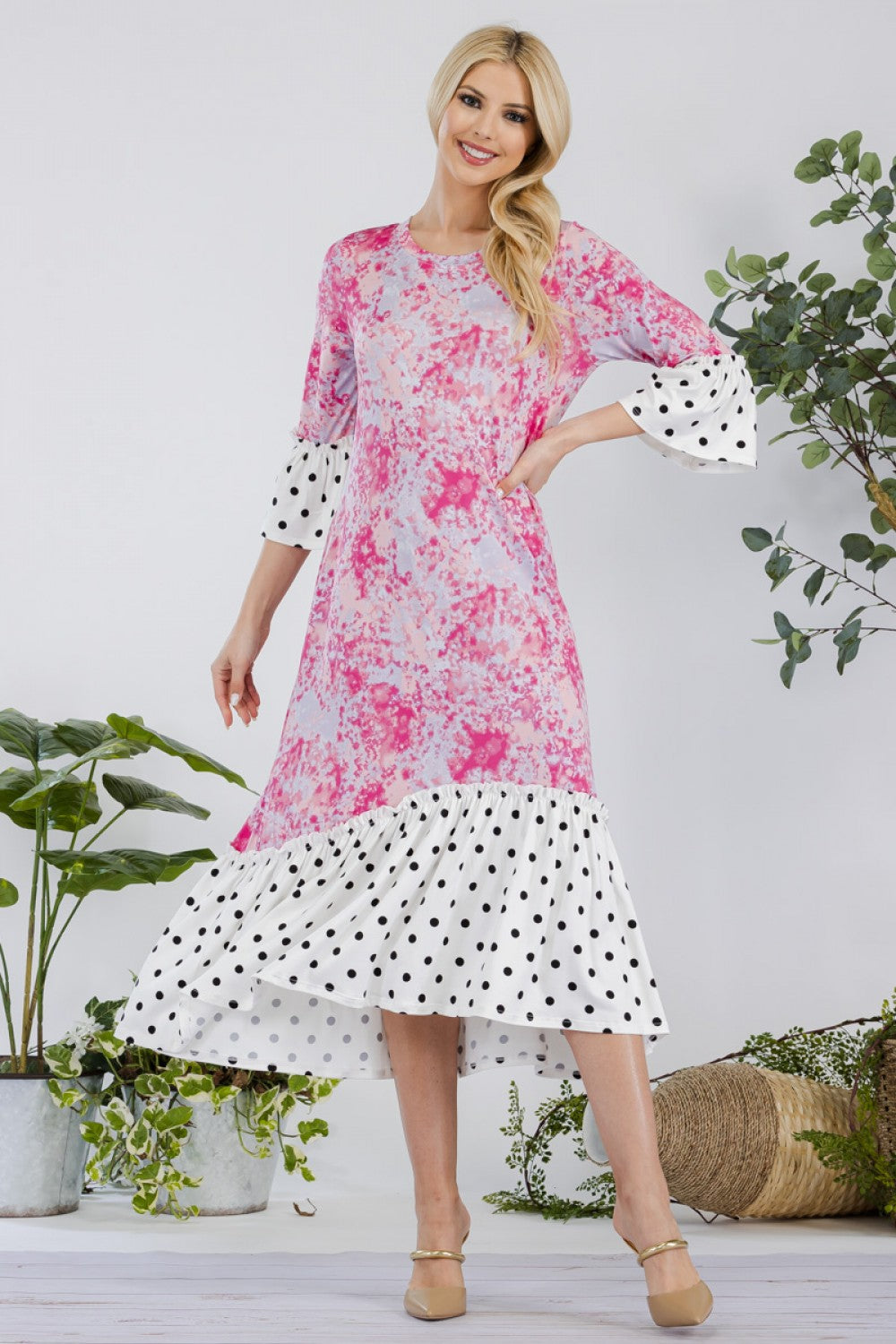 Plus Size Tie-Dye Polka Midi Dress With Contrasting Sleeves