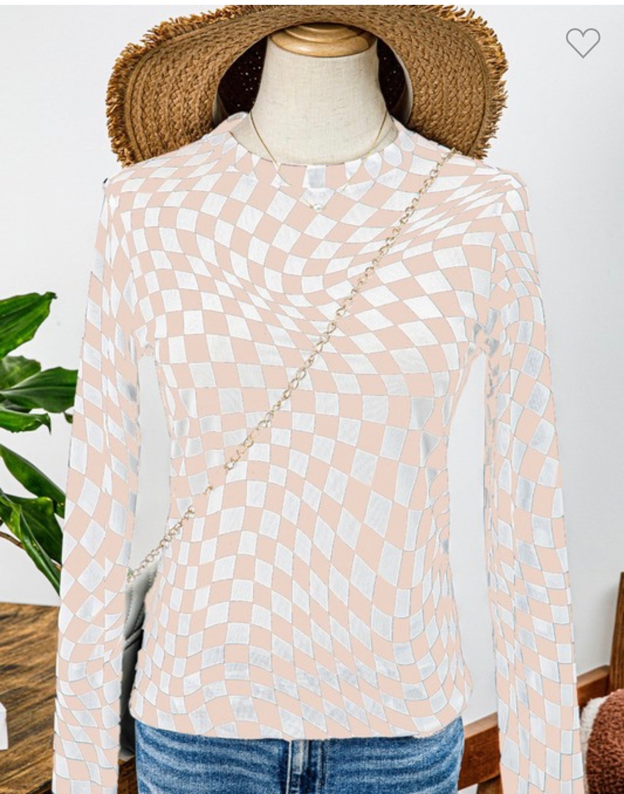 Checkered Mesh Mock Neck Top