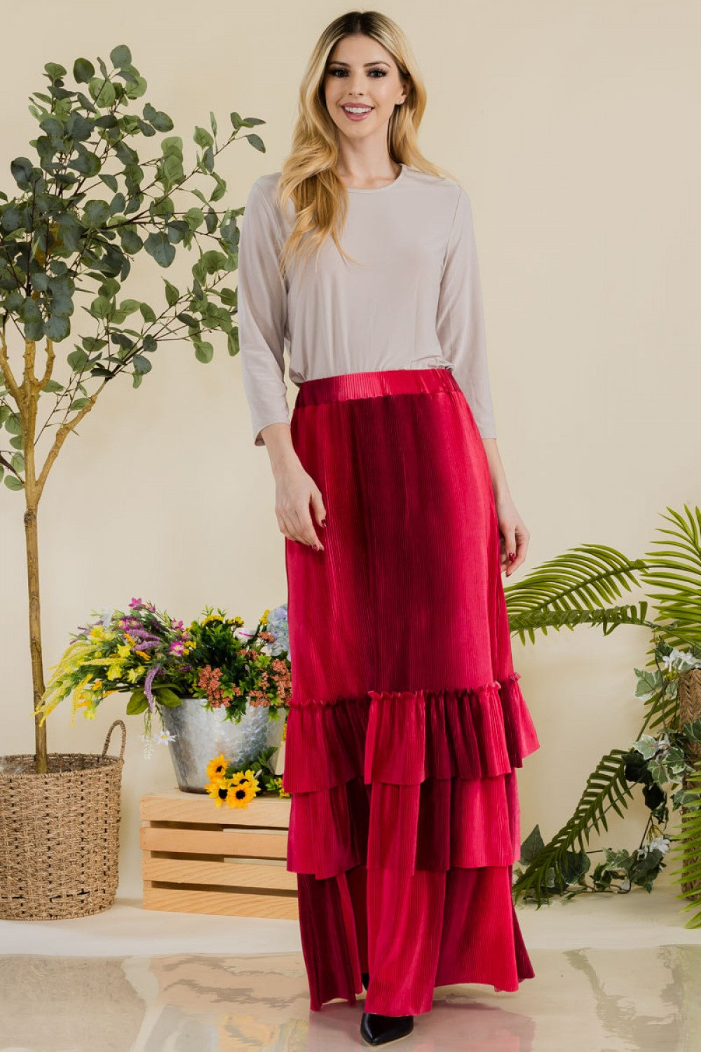 Plus Size Pleated Maxi Skirt with Ruffle Tiered Hemline