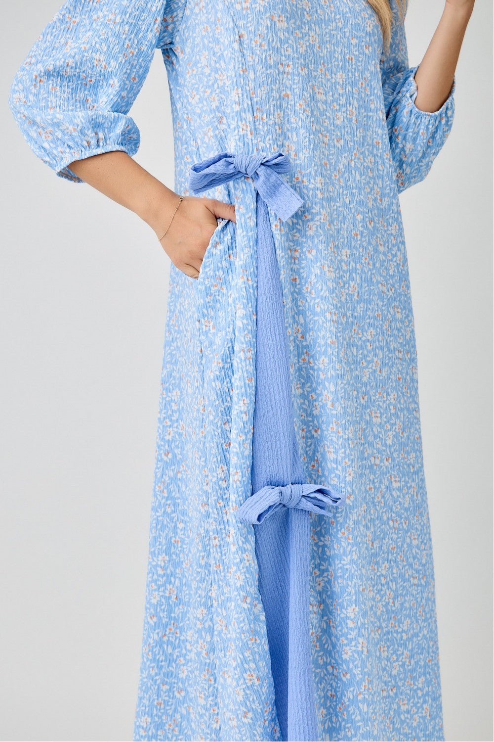 Floral Print Side Bow Dress with Puff Sleeve