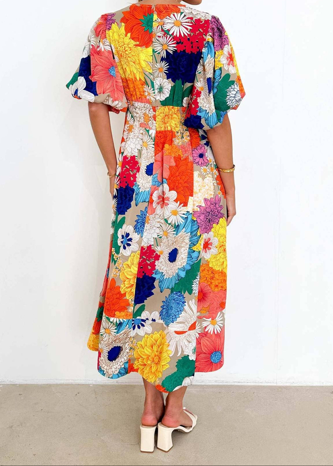 Garden Party Floral Puff Sleeve Midi Dress