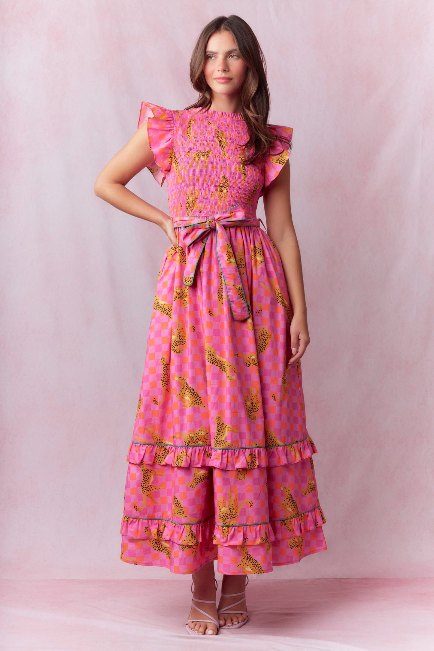 Cheetah Print Smocked Midi Dress