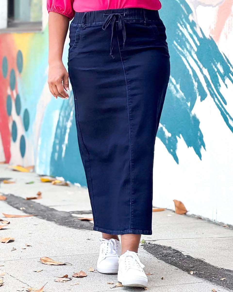 Harper Elastic Waist Denim Midi Skirt