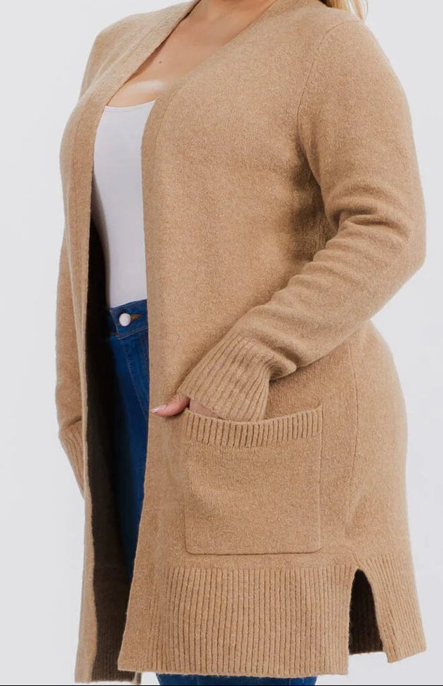 Plus Size Long Sleeve Open Front Pockets Cardigan