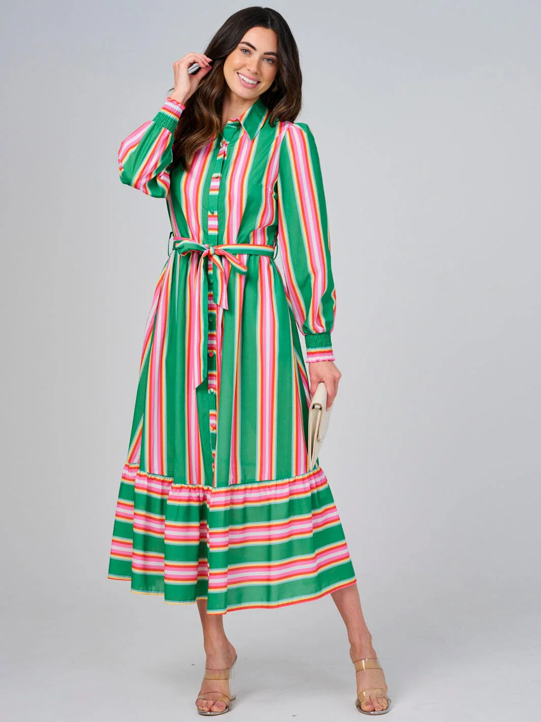 WOMEN'S LONG SLEEVE BUTTON UP FRONT POCKETS COLORBLOCK STRIPES MAXI DRESS