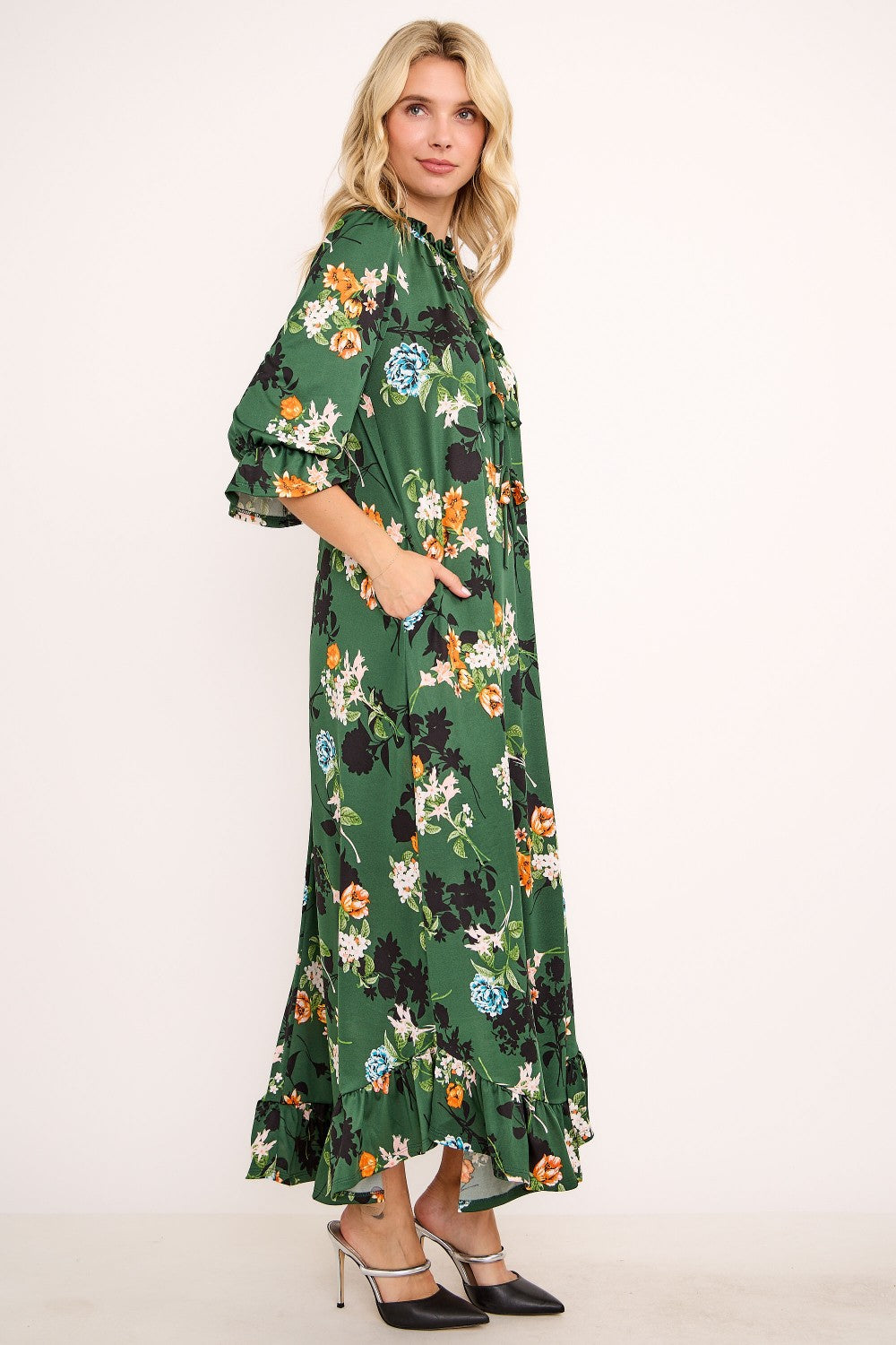 Women's Modest Floral Print Dress with Mock Neck and Bo