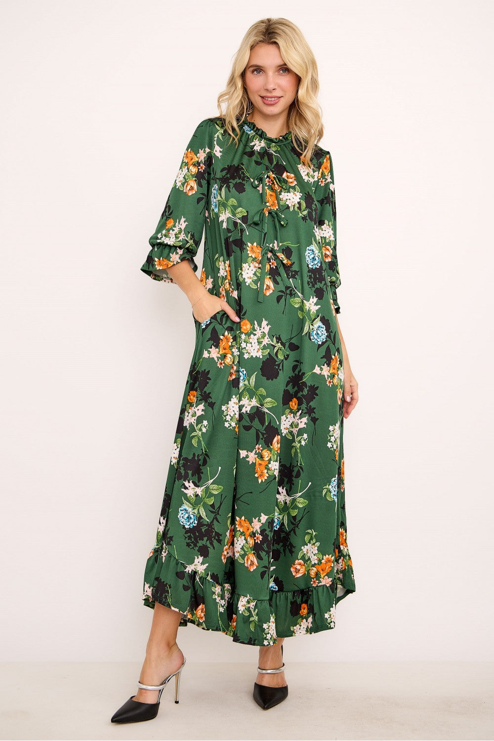 Women's Modest Floral Print Dress with Mock Neck and Bo