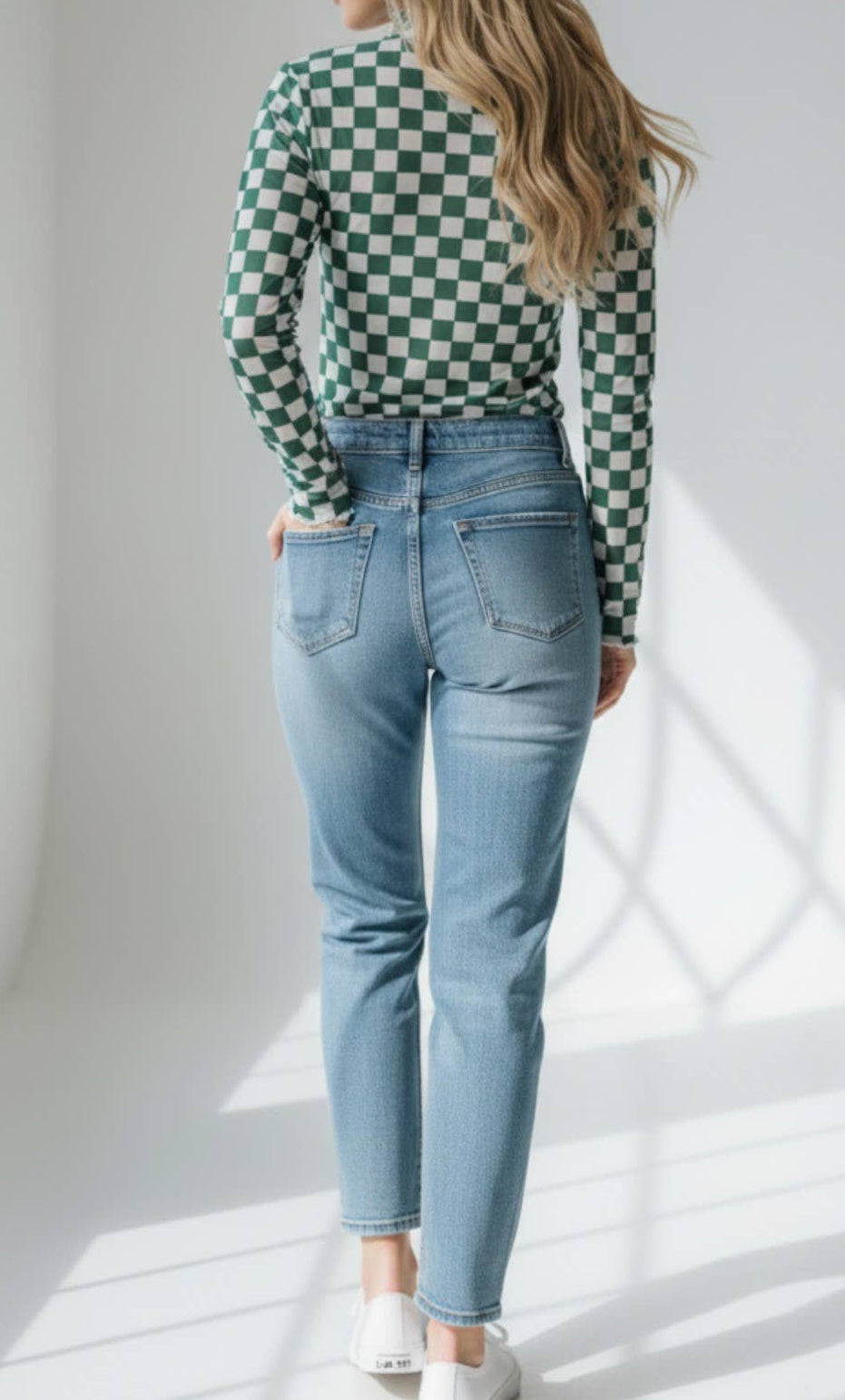 Wavy Checkered Mesh Mock Neck Top