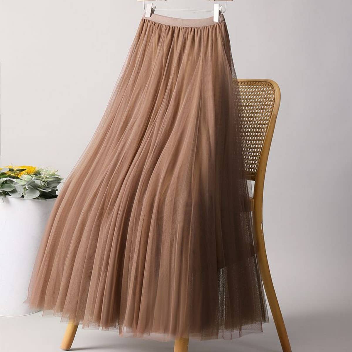 SOLID COLOR ELASTIC-WAIST MESH TULLE A-LINE SKIRT