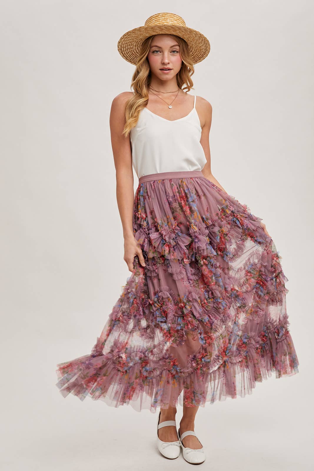 FLORAL RUFFLED MESH MIDI SKIRT: MAUVE