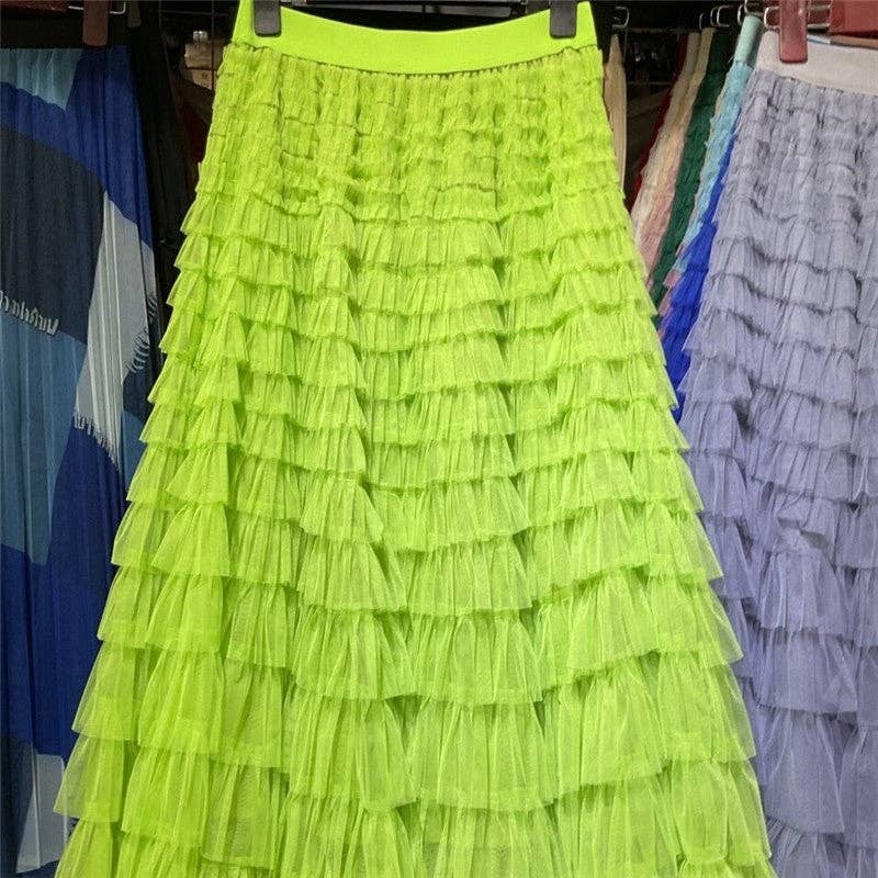 Mesh Patchwork Knee-Length Cake Skirt: FLUORESCEN GREEN / One_size