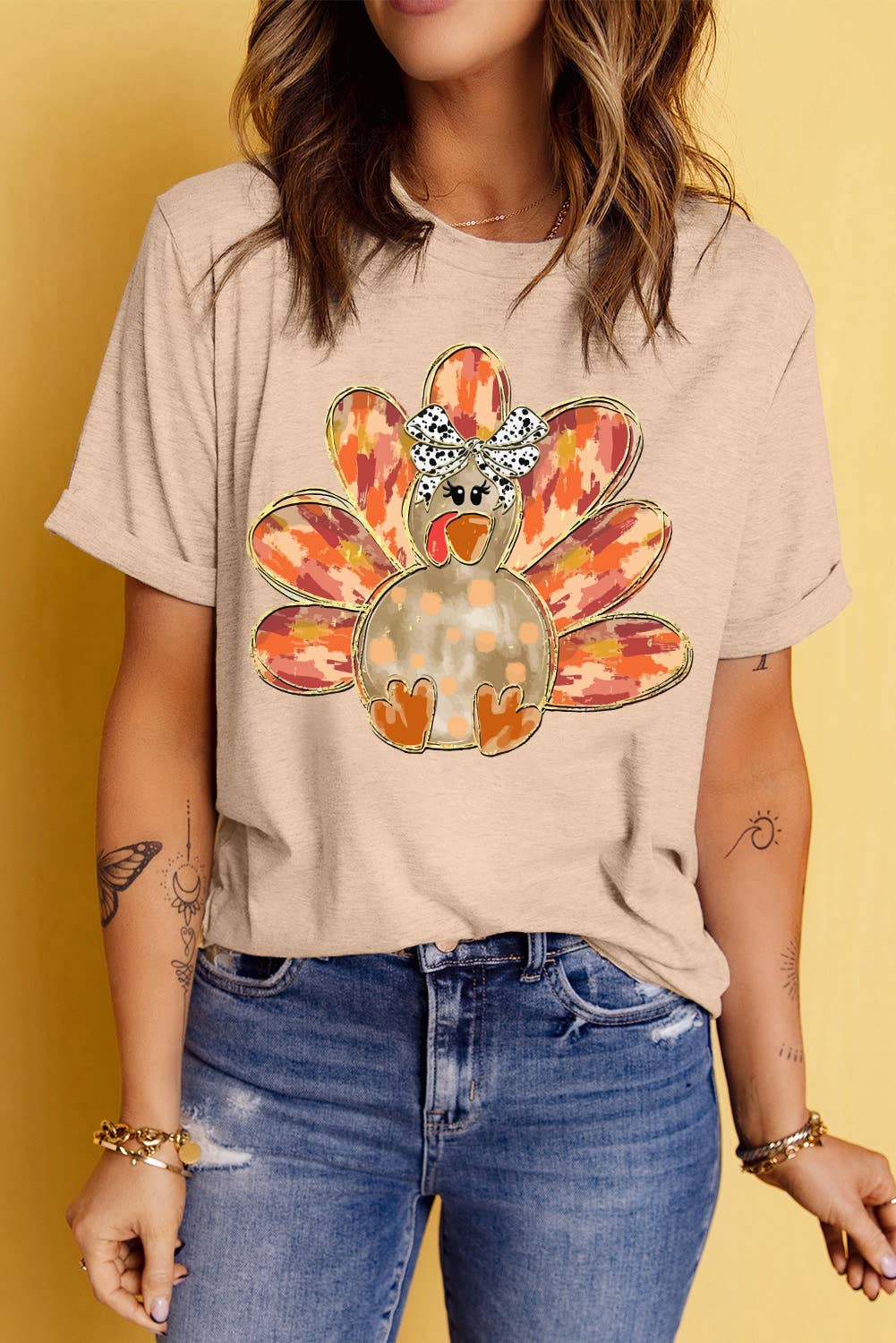 LDC Thanksgiving Bowknot Turkey Graphic Tee: Khaki / L