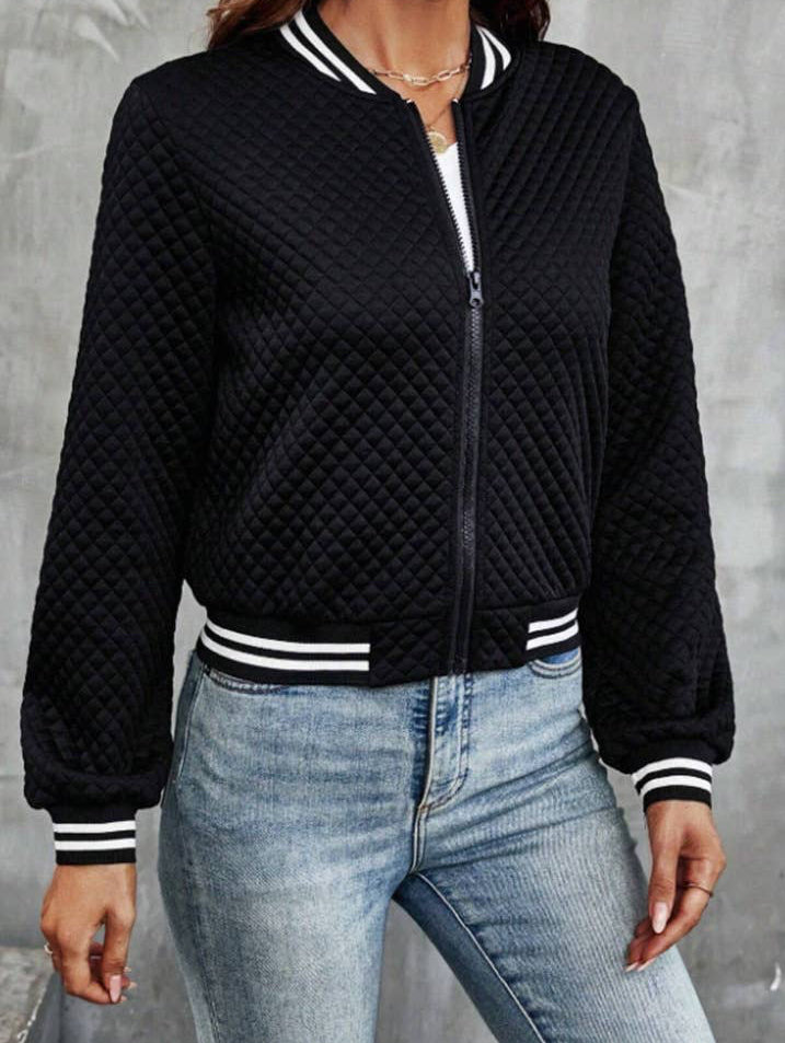 STAND-UP COLLAR PLAID ZIPPER BASEBALL JACKET