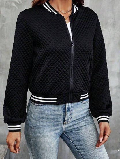STAND-UP COLLAR PLAID ZIPPER BASEBALL JACKET