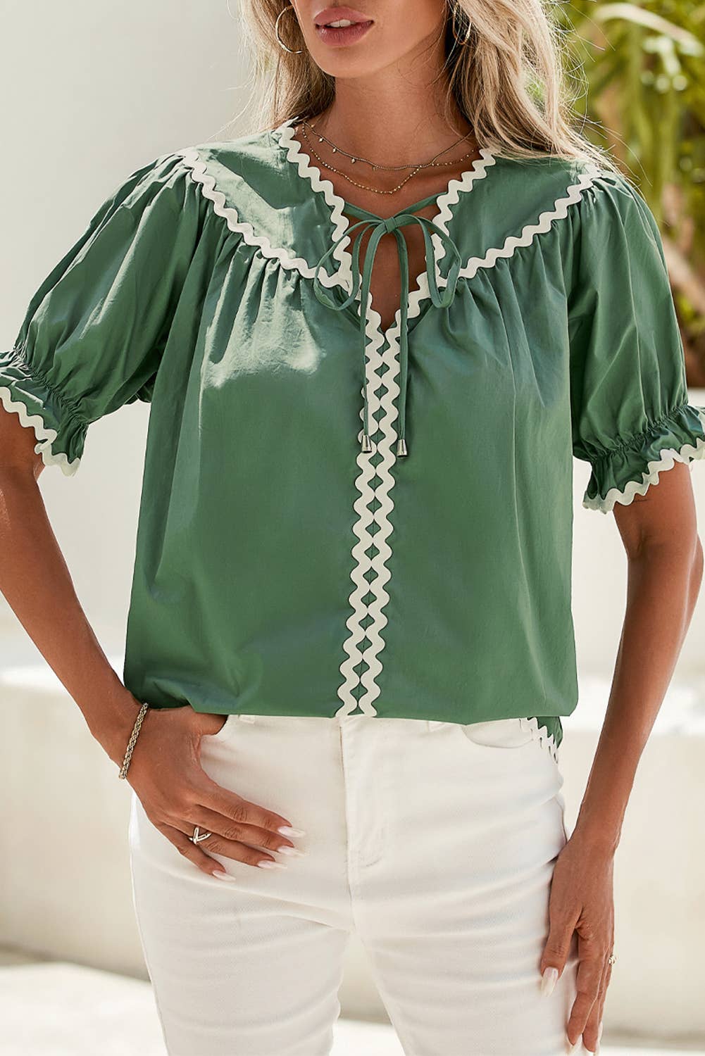 LDC Ric Rac Trim Tie Split Neck Short Sleeve Blouse: Mist Green / M