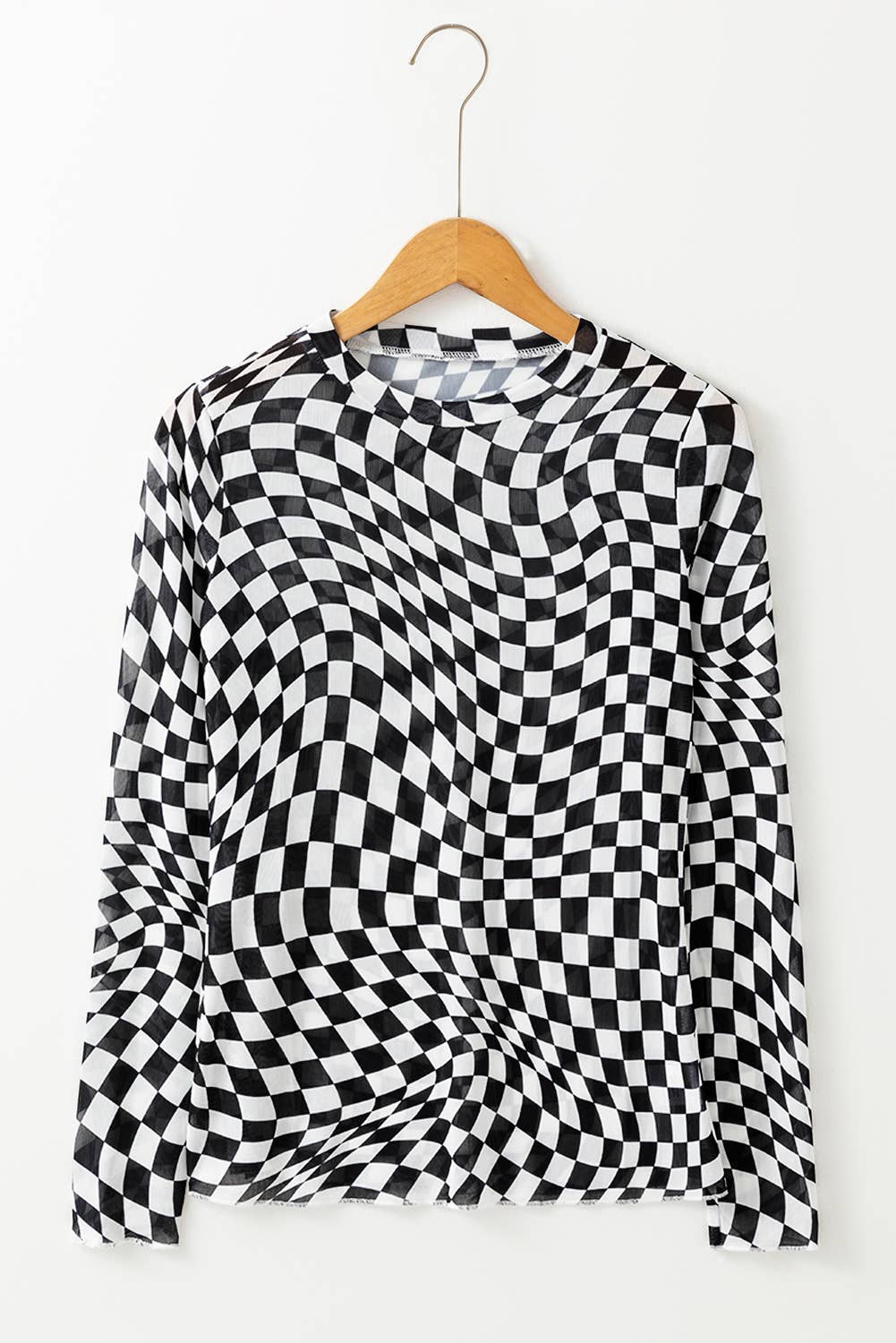 Checkered Mesh Mock Neck Top