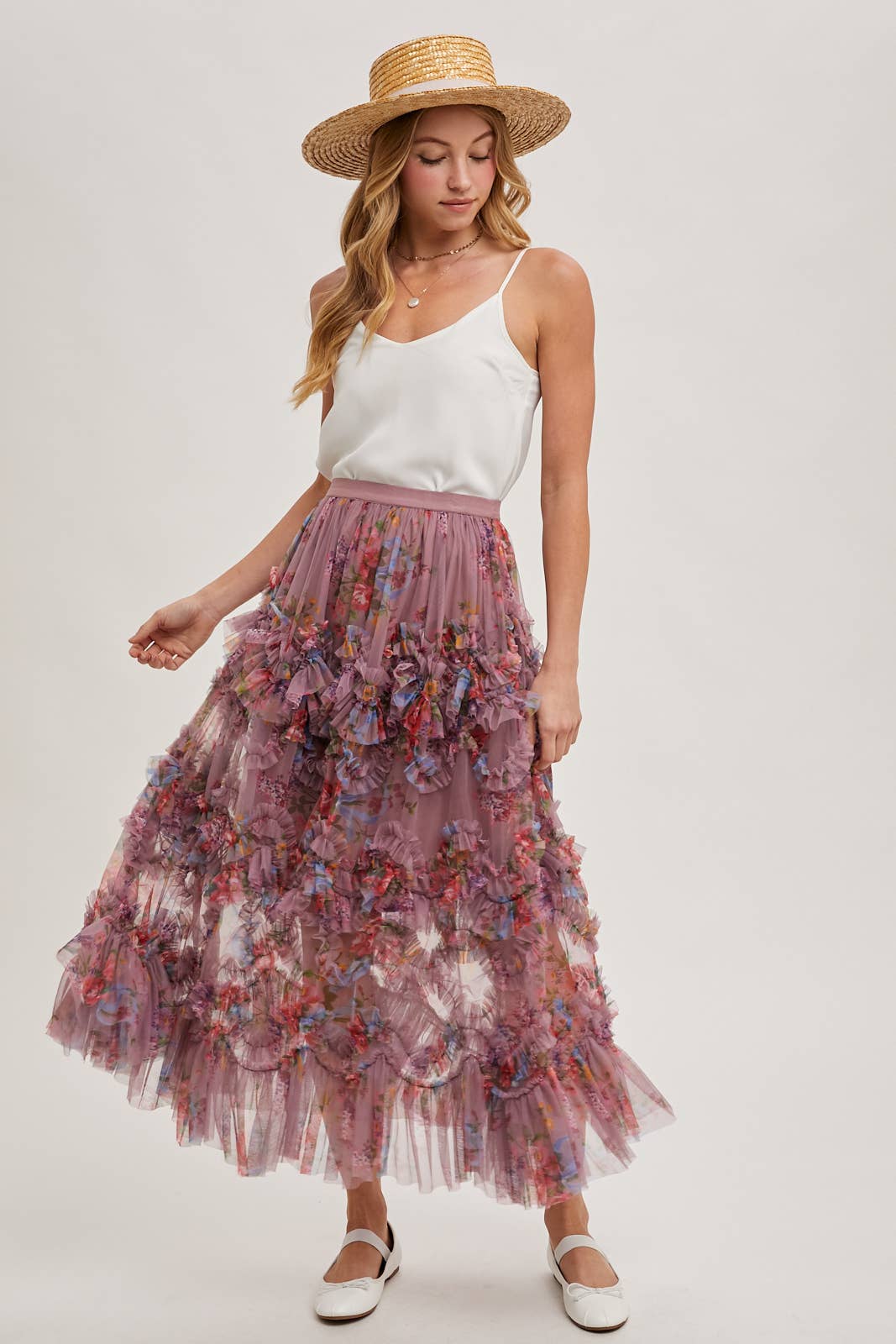 FLORAL RUFFLED MESH MIDI SKIRT: MAUVE