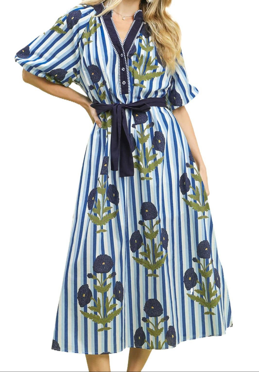 Striped Floral Maxi Dress With Waist Tie