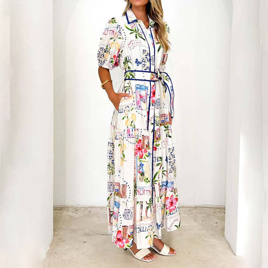 Floral printed lace-up short-sleeved dress: WHITE