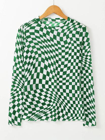 Checkered Mesh Mock Neck Top