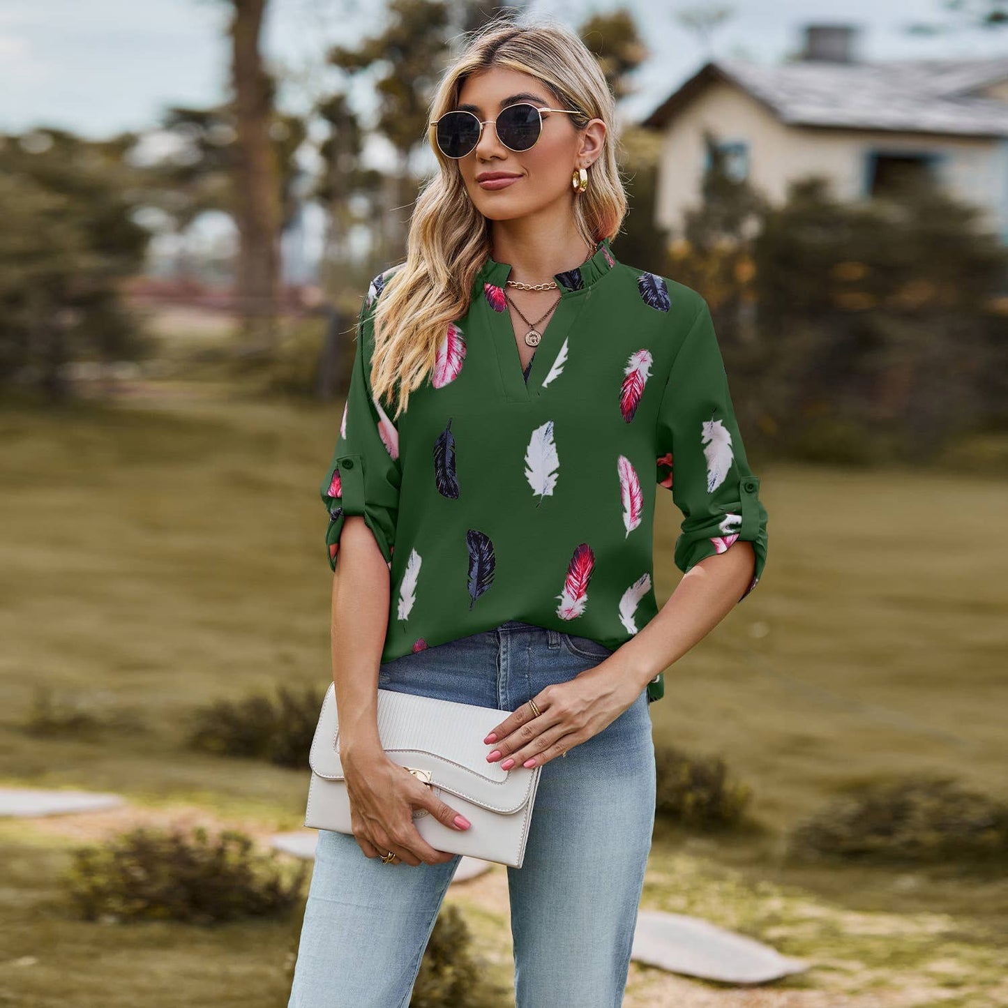 Women's Feathered Print Long Sleeve Blouse