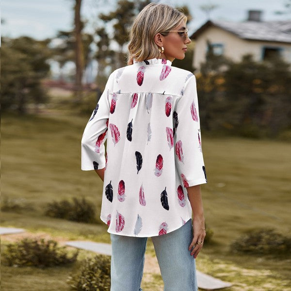 Women's Feathered Print Long Sleeve Blouse