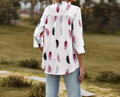 Women's Feathered Print Long Sleeve Blouse