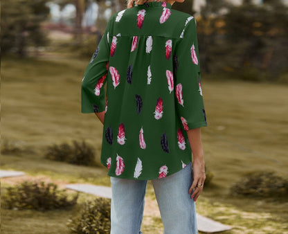 Women's Feathered Print Long Sleeve Blouse