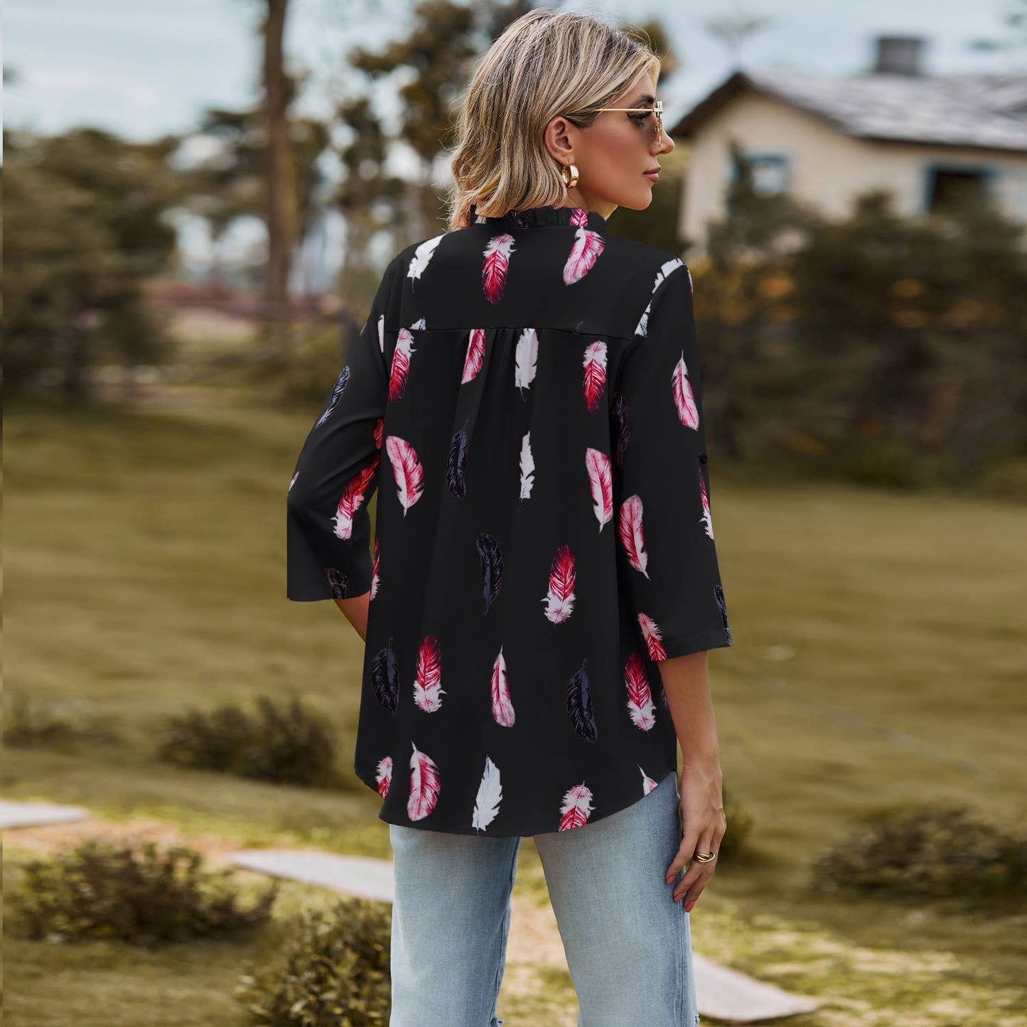 Women's Feathered Print Long Sleeve Blouse