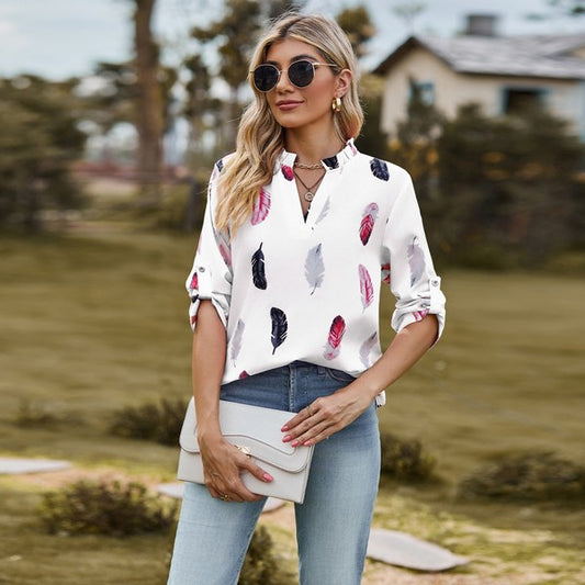 Women's Feathered Print Long Sleeve Blouse