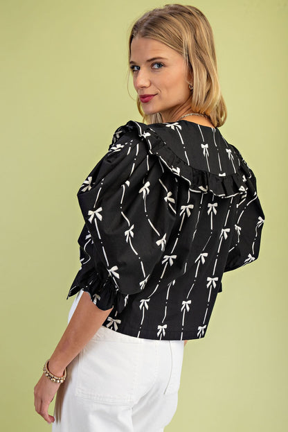Bow Print Puff Sleeve Blouse