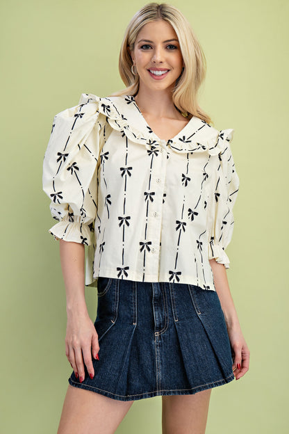 Bow Print Puff Sleeve Blouse