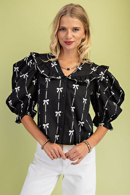Bow Print Puff Sleeve Blouse