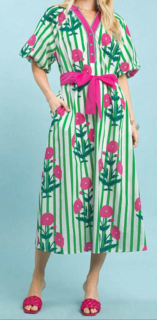 Striped Floral Maxi Dress With Waist Tie