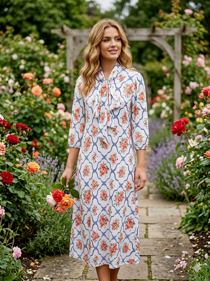 Floral Print Midi Dress with Bow Tied