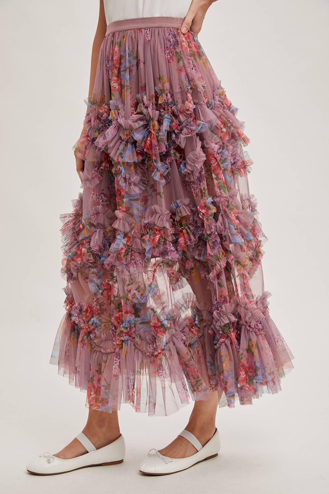 FLORAL RUFFLED MESH MIDI SKIRT: MAUVE